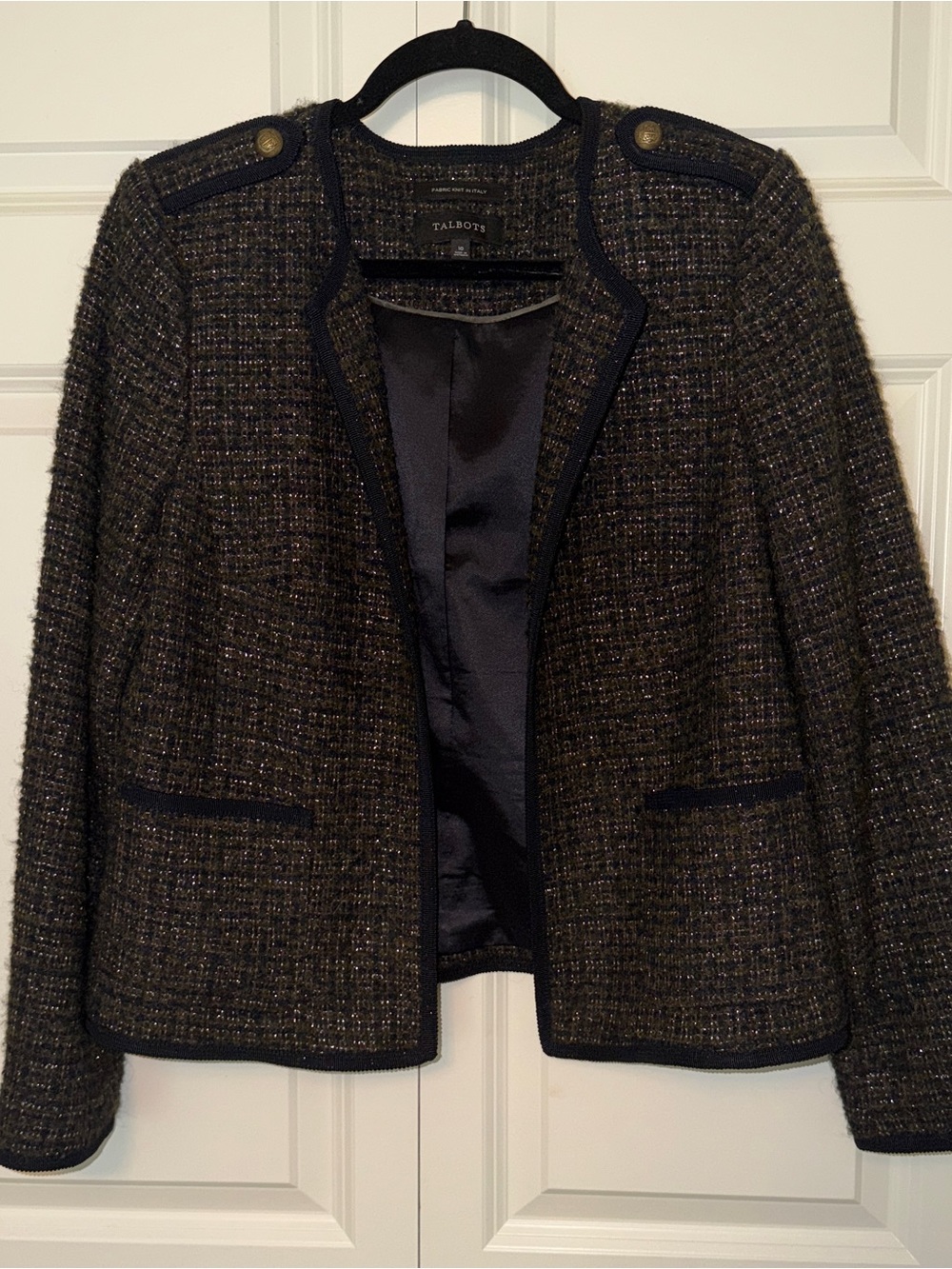 Talbots Black and Metallic Tweed Collarless Blazer with Gold Buttons